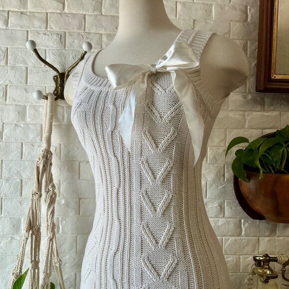 Vintage Y2K Wet Seal Sleeveless Cable Knit Mini Dress + Ribbon Bow Detail - Picture 3 of 11